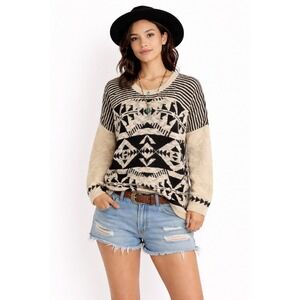 Aztec Print Sweater Boho Oversized Knit Beige Black Y2K Small